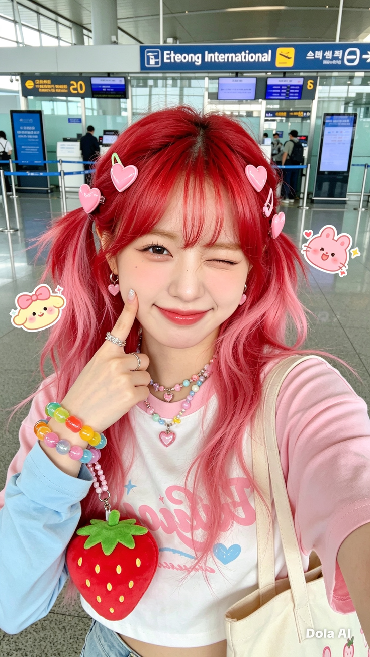 Woman with red and pink pigtails winking at an airport