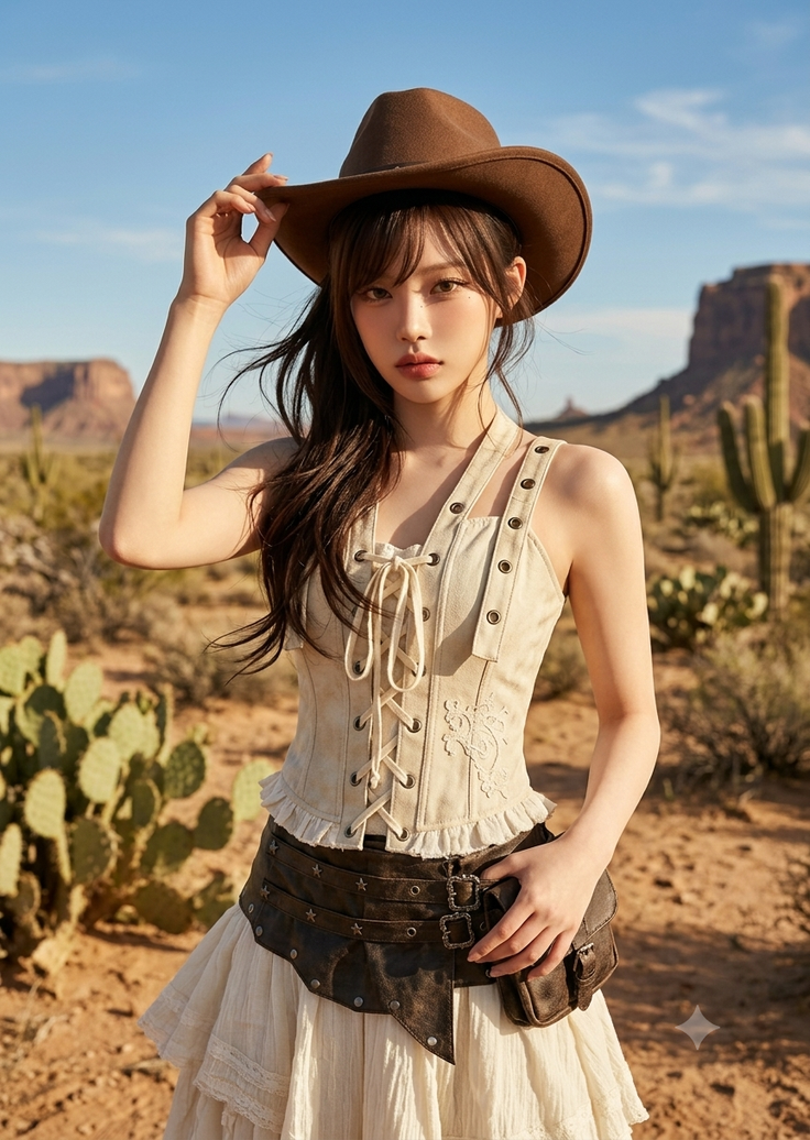 Woman in a cowboy hat and corset top in a desert landscape