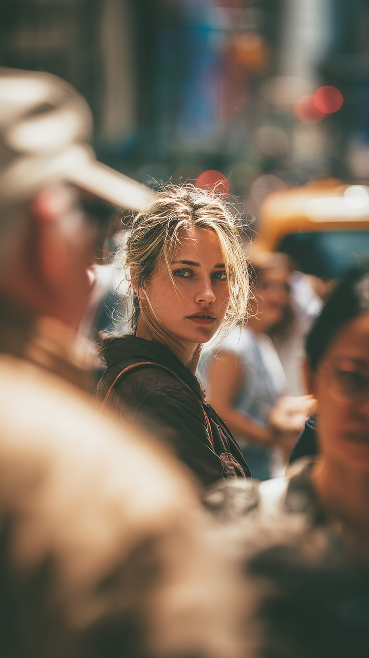 Woman with blonde hair and blue eyes looking over her shoulder on a sunny street