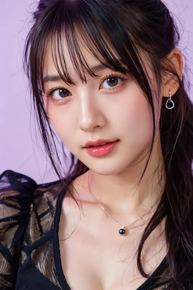 Woman with long black hair and bangs wearing a black top with a necklace