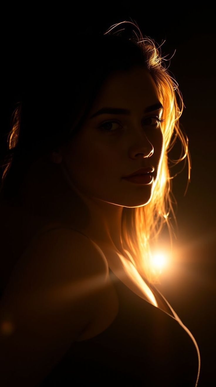 Woman with long hair illuminated by dramatic backlight, dark tone