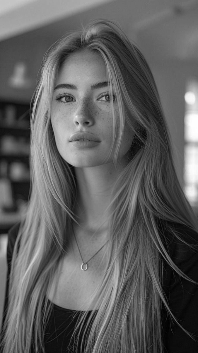 Woman with long hair and freckles wearing a necklace in a black and white portrait