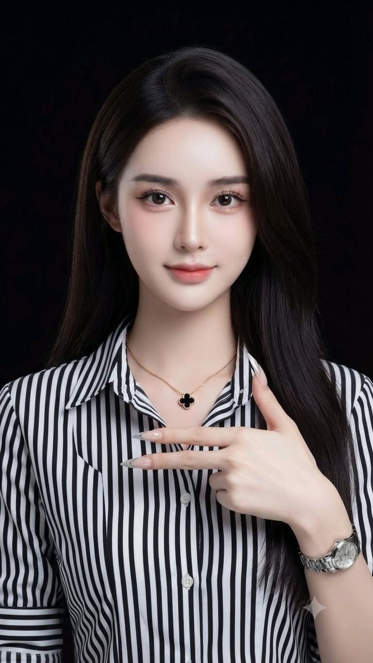 Woman with long dark hair wearing a striped shirt and a clover necklace