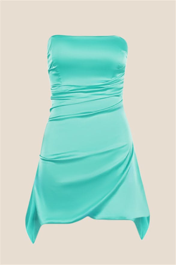 Turquoise strapless mini dress with ruched fabric and an asymmetrical hem