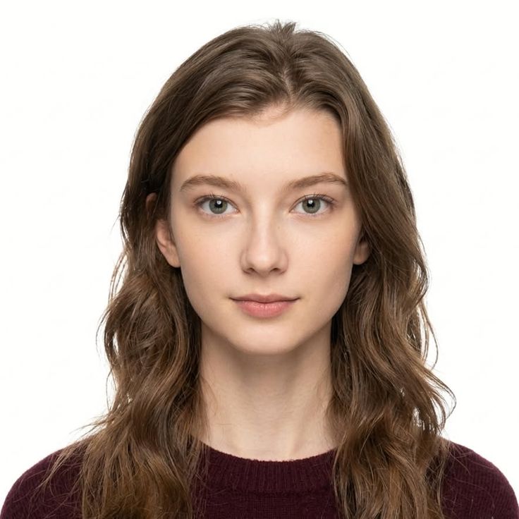 Young woman with long wavy hair and green eyes wearing a maroon sweater