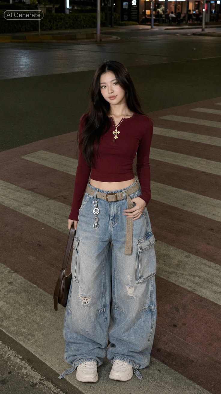 Woman with long hair wearing a crop top and baggy jeans on a street at night