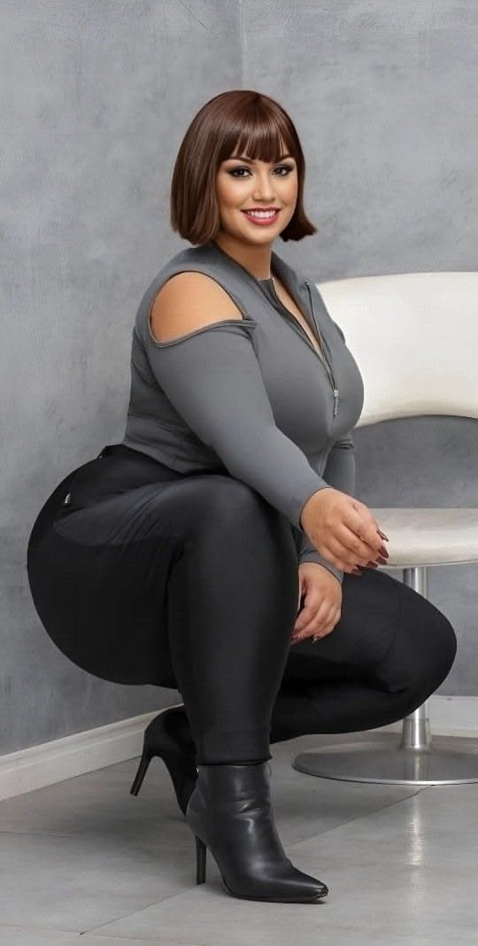 Woman with short hair and a curvy body in black leggings and high heels