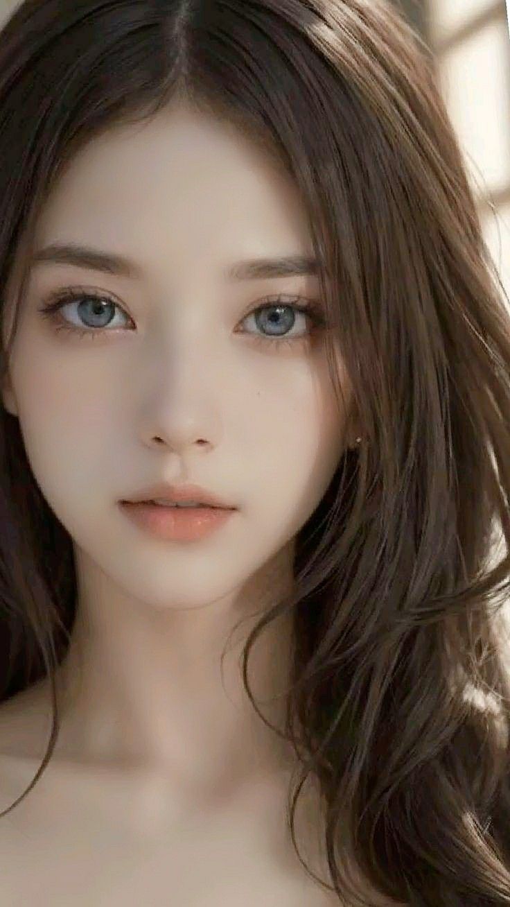 Close up portrait of a woman with long brown hair and blue eyes