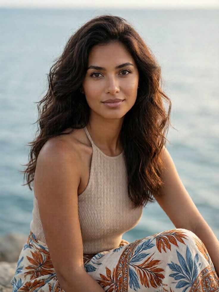 Woman with long dark hair wearing a ribbed top and patterned pants outdoors