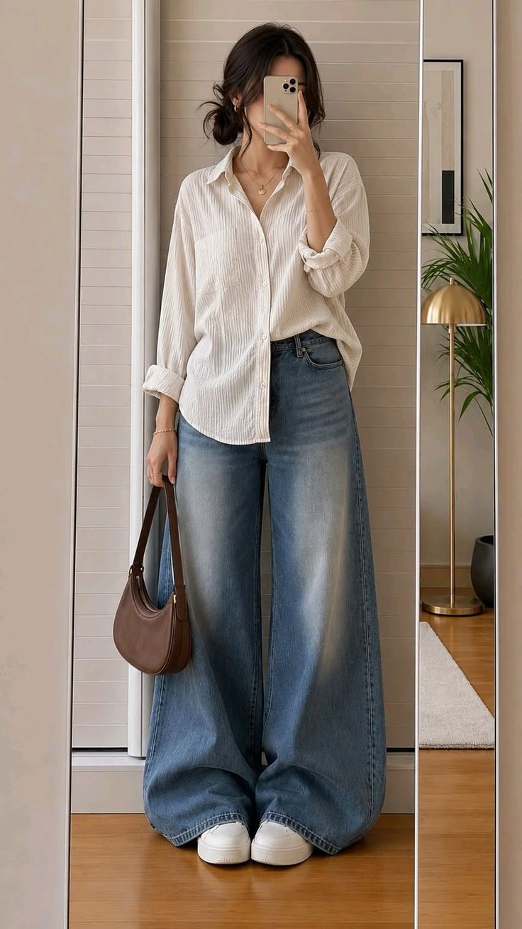 Woman in a white shirt and wide leg jeans taking a mirror selfie