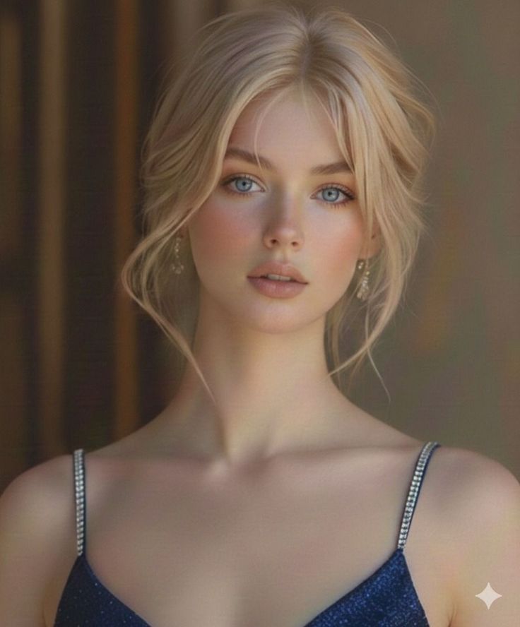 Woman with blonde hair and blue eyes wearing a sparkly blue dress