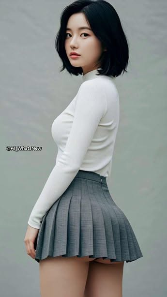 Woman with short black hair in a white top and pleated skirt