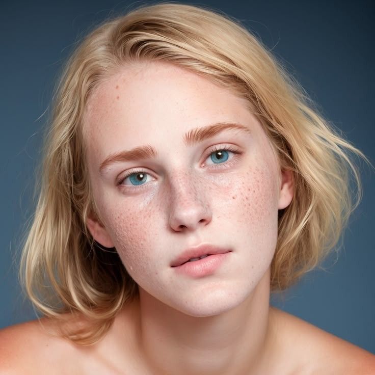 Close up portrait of a young woman with blonde hair and freckles