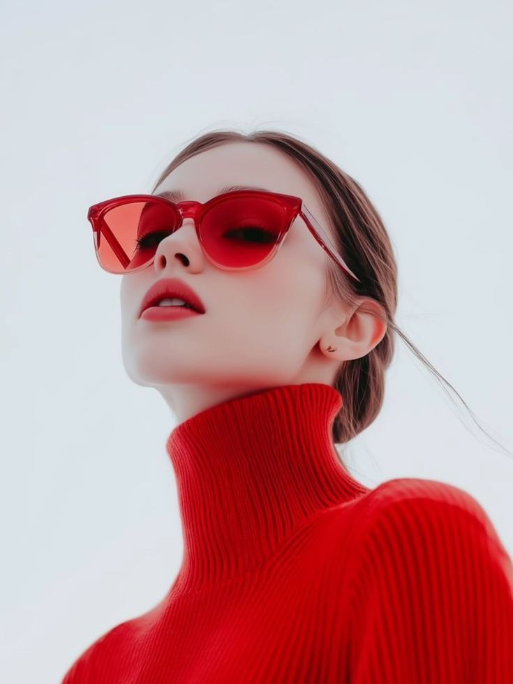 Woman in red sunglasses and a red turtleneck looking up