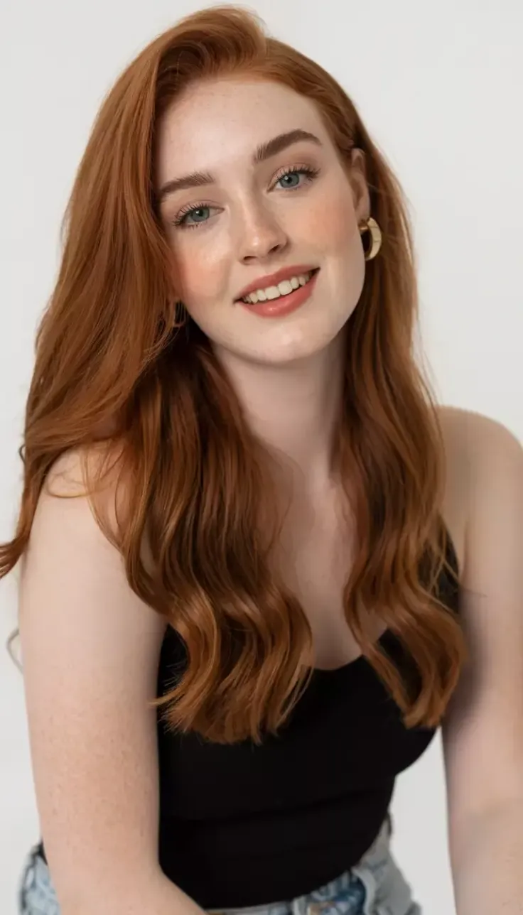 Woman with long red hair and gold earrings smiling against a white background