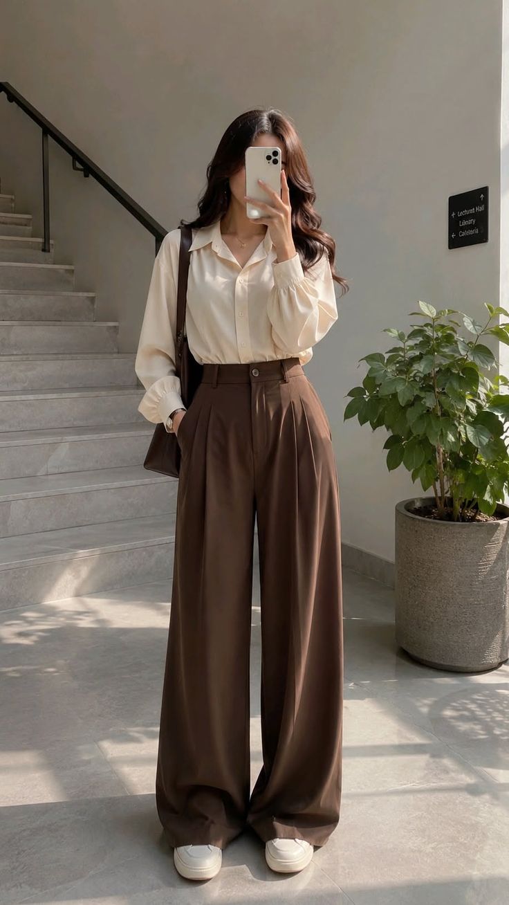 Woman in a white shirt and brown wide-leg pants taking a mirror selfie indoors