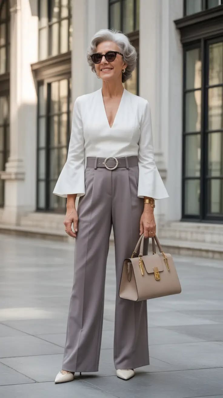 Woman in a white blouse and grey wide-leg pants holding a handbag outdoors