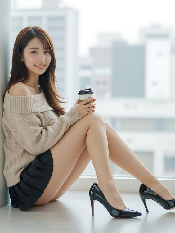 Woman in an off-shoulder sweater and mini skirt holding a coffee cup indoors