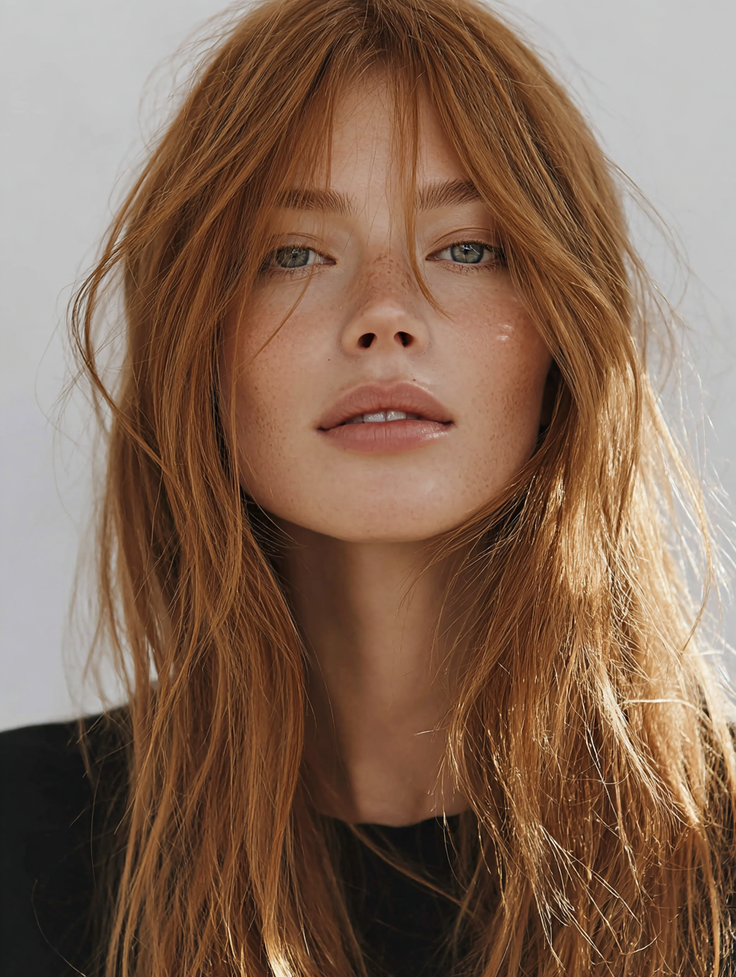 Close-up portrait of a woman with long red hair and freckles