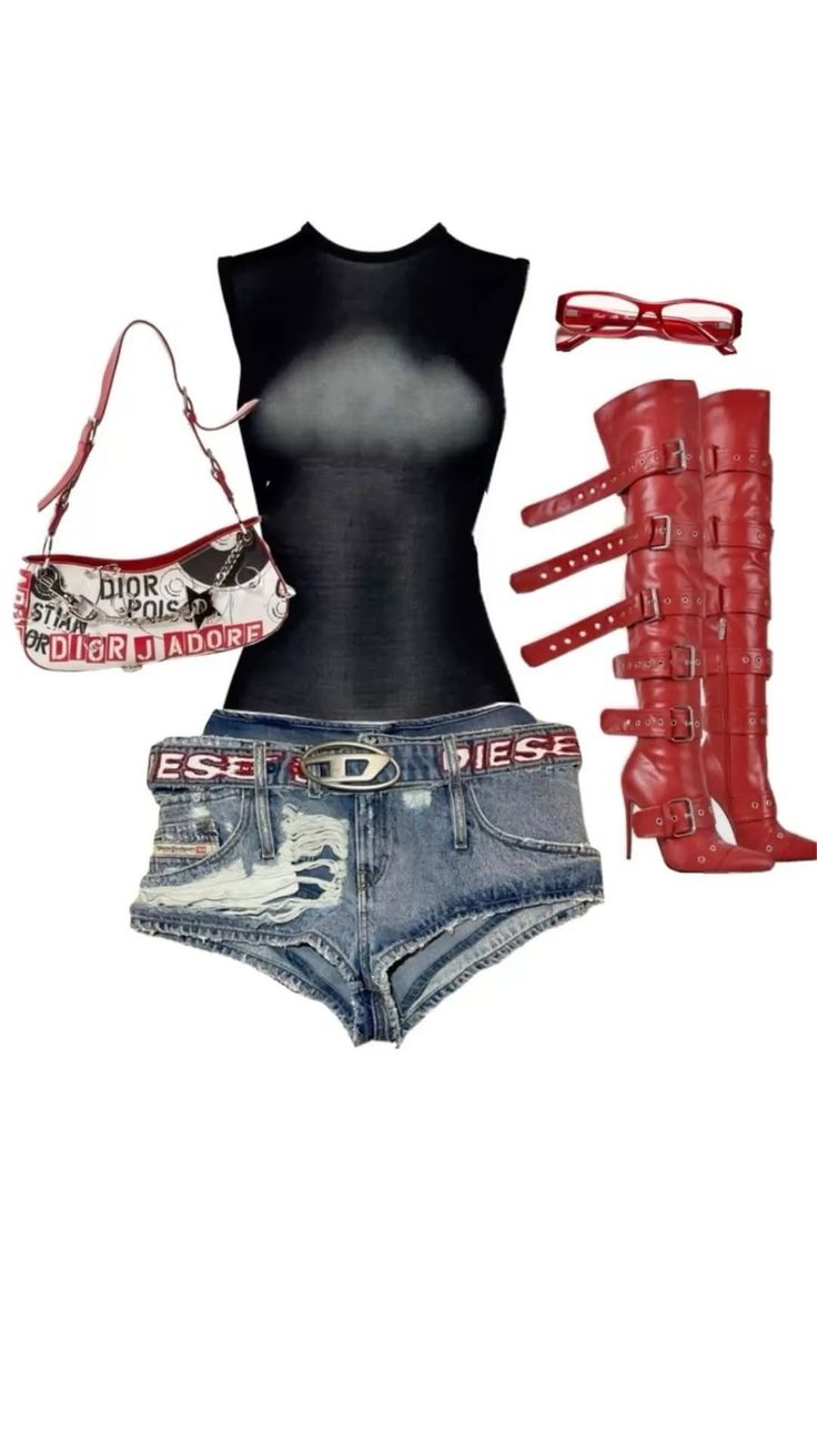 Fashion flat lay with a sheer black top, distressed denim shorts, and red boots