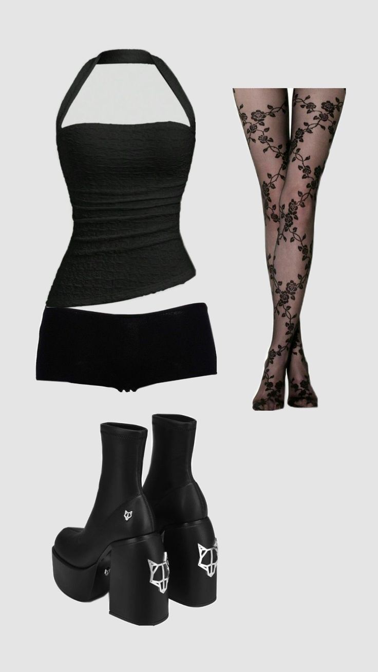 A black halter top, shorts, floral stockings, and platform boots with fox emblems