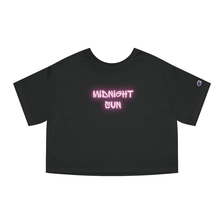 Black crop top with 'Midnight Sun' in pink neon text