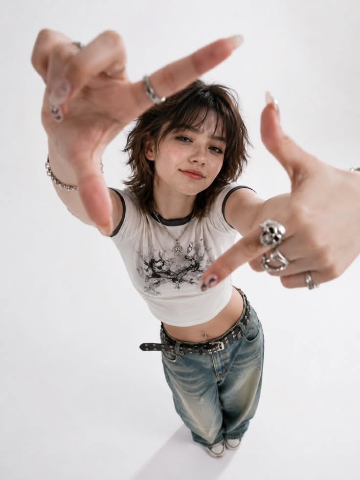 Young woman with shaggy hair in a crop top and baggy jeans, making a frame with her hands