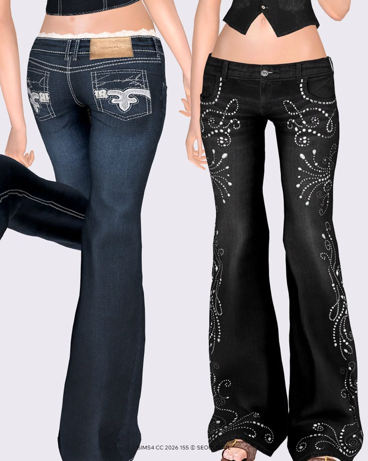 Two figures wearing low-rise flared jeans with white embroidery