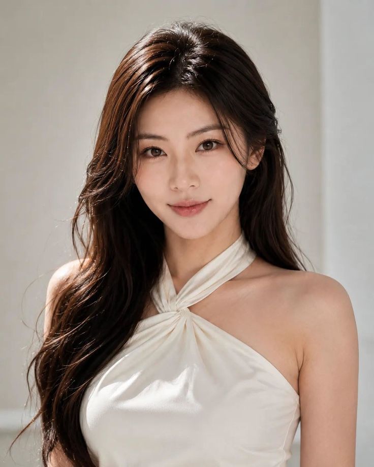 Woman with long dark hair wearing a white halter top, looking at the camera