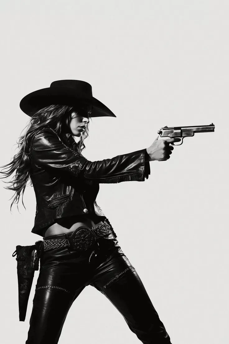 Woman in a cowboy hat and leather outfit holding a gun in a monochrome shot