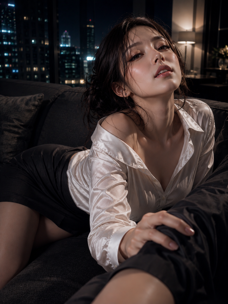 Woman in a white shirt and black skirt posing on a couch at night