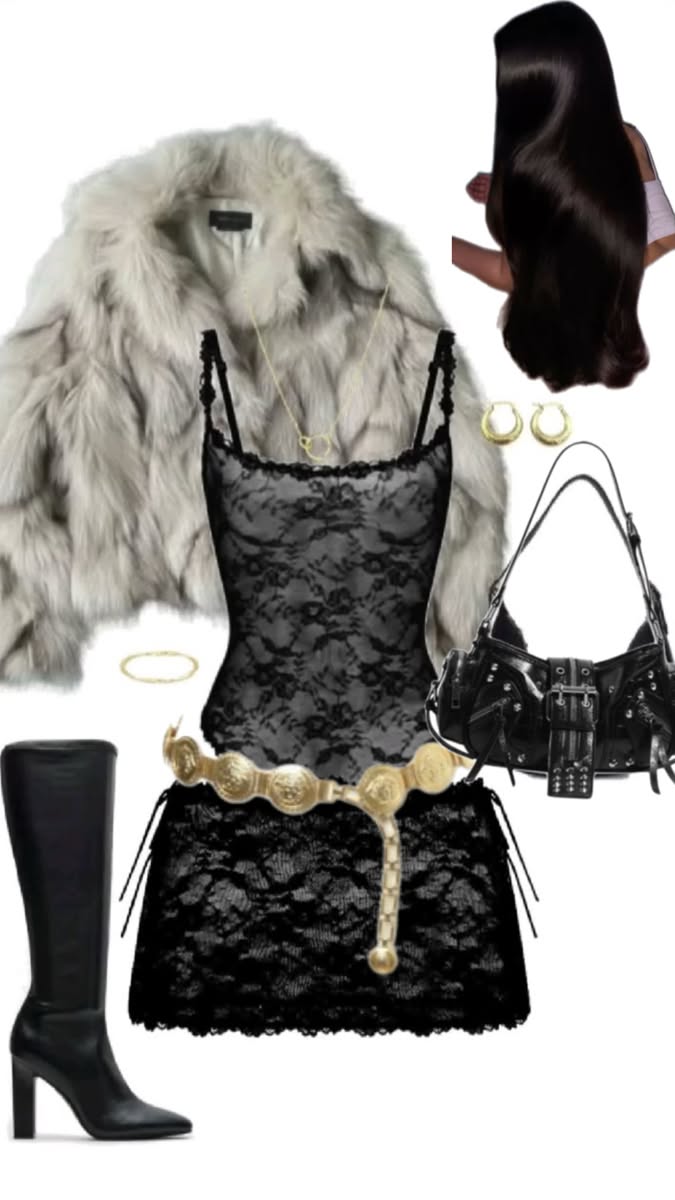 Fashion flat lay featuring a fur coat, lace top and skirt, and accessories
