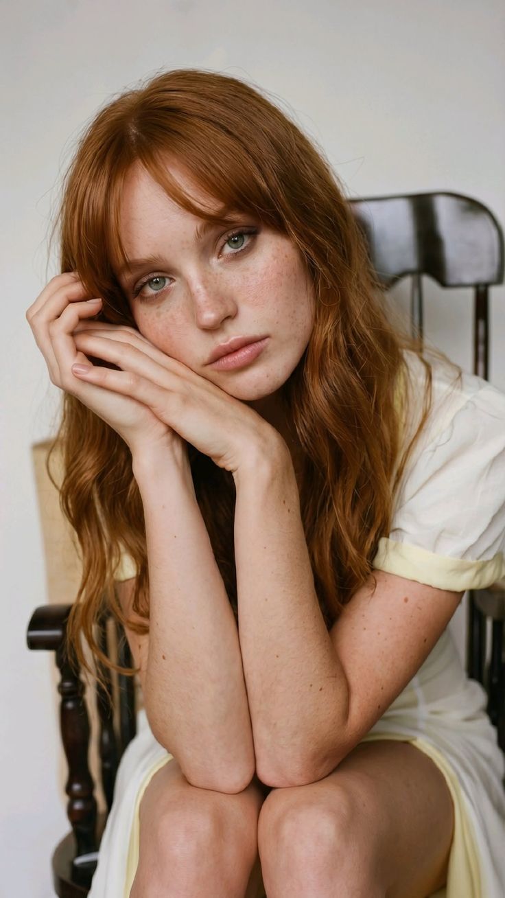 Woman with red hair and freckles in a white dress sitting indoors