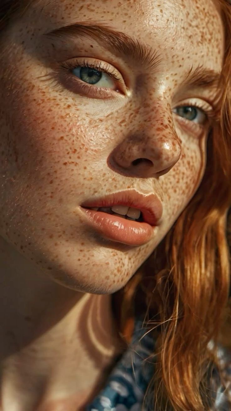 Close up portrait of a person with red hair, freckles, and blue eyes
