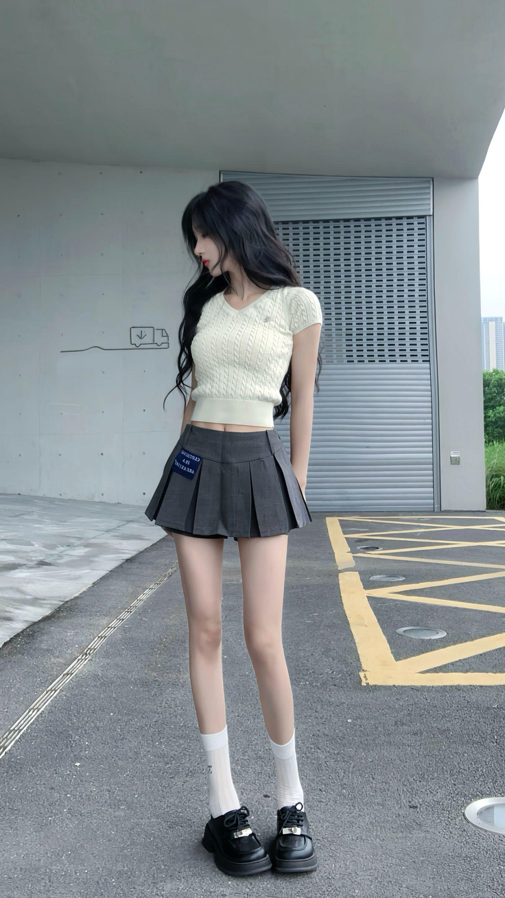 Woman with long black hair wearing a crop top and pleated skirt outdoors