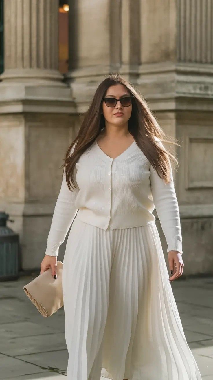Woman with long hair and sunglasses wearing a white cardigan and pleated pants