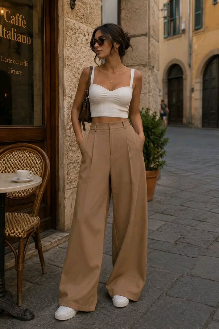 Woman in a white crop top and wide leg pants on a street next to a cafe