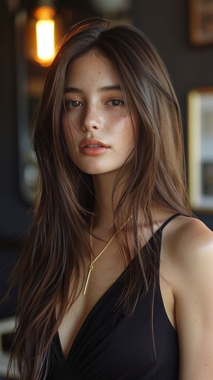 Woman with long brown hair and freckles wearing a black top and gold necklace