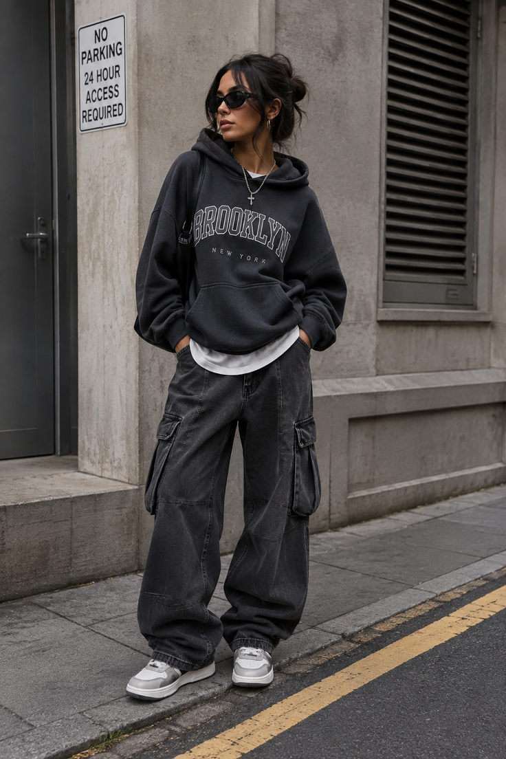 Woman in a dark hoodie and cargo pants standing on a street