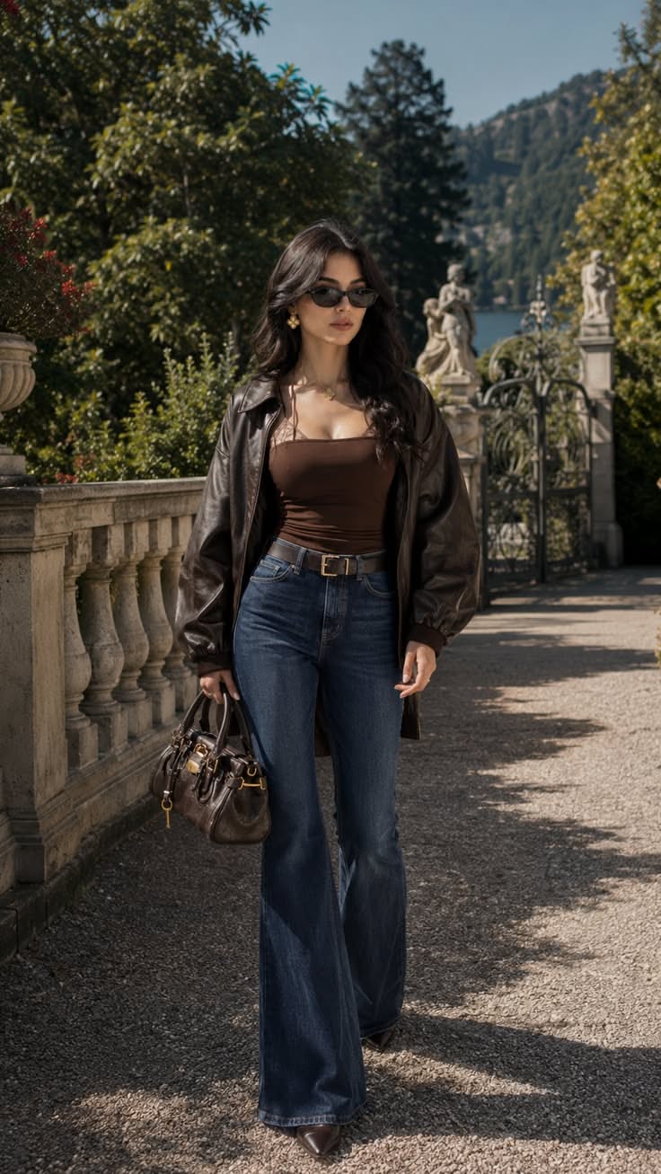 Woman in a leather jacket and flared jeans walking outdoors on a sunny day