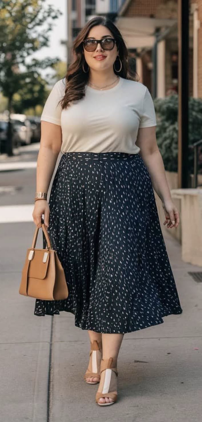 Woman in a white t-shirt and a dark pleated skirt walking outdoors