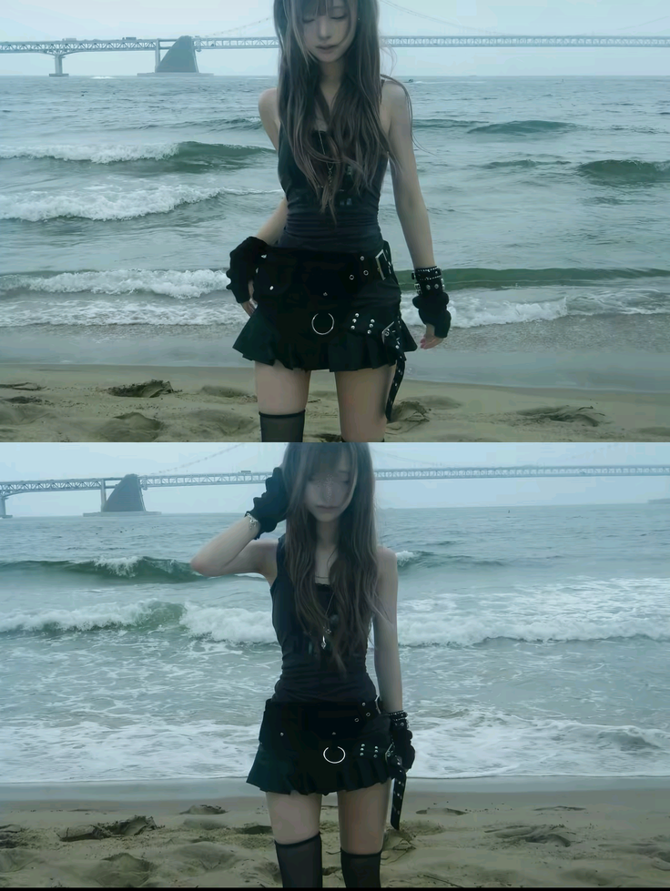 Woman in a black tank top and mini skirt on a beach with a bridge in the background