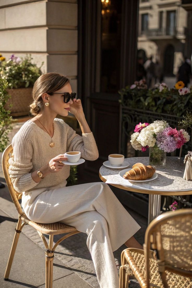 Woman in sunglasses and a sweater enjoying coffee and a croissant at an outdoor cafe