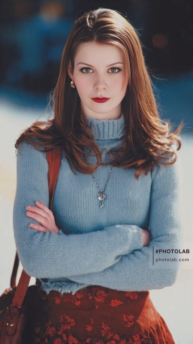 Woman with long hair wearing a blue turtleneck sweater and red lipstick