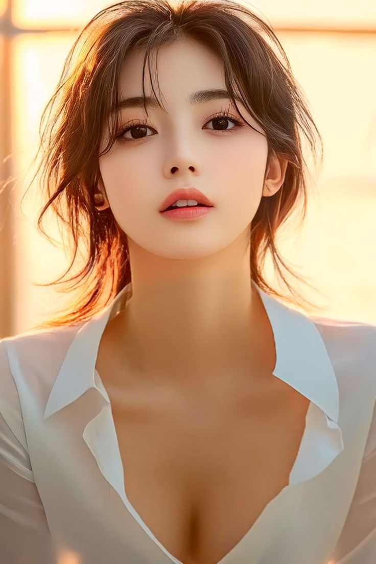 Woman with long hair in a white shirt with cleavage, soft lighting