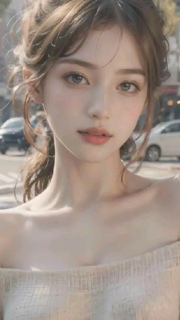 Woman with long hair in an off-shoulder top outdoors