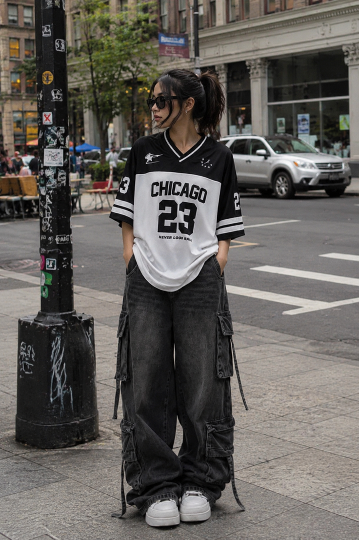 Woman in an oversized jersey and cargo pants on a city street