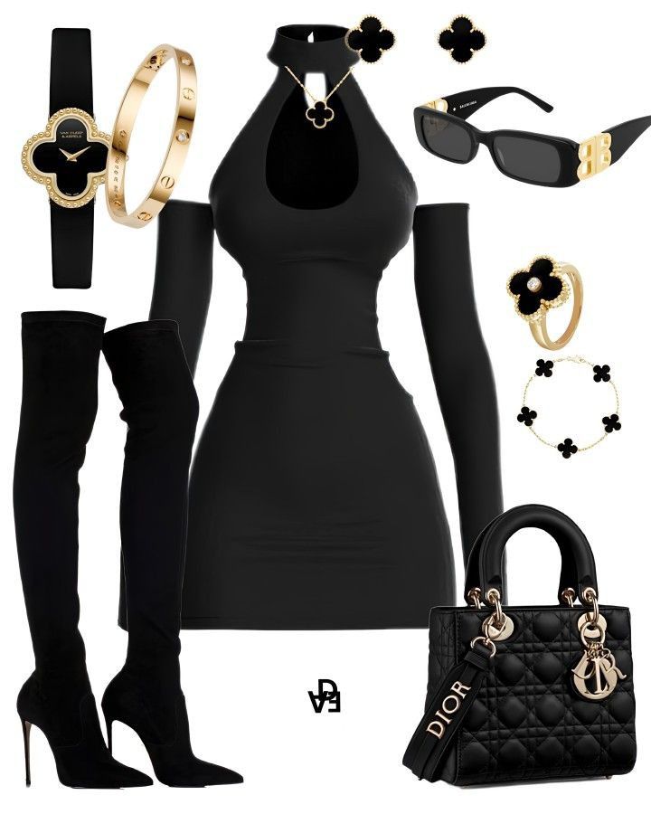 A black dress with matching thigh-high boots and gold accessories