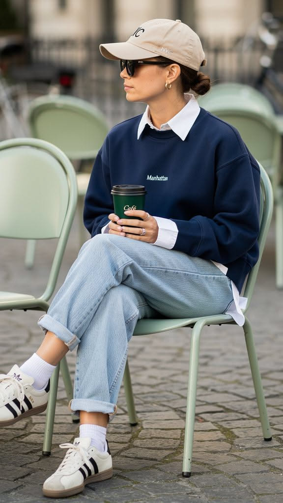 Woman in a baseball cap and sweatshirt holding a coffee cup outdoors
