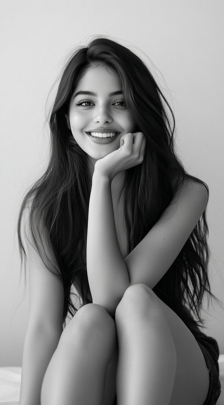 Smiling woman with long dark hair in a monochrome portrait